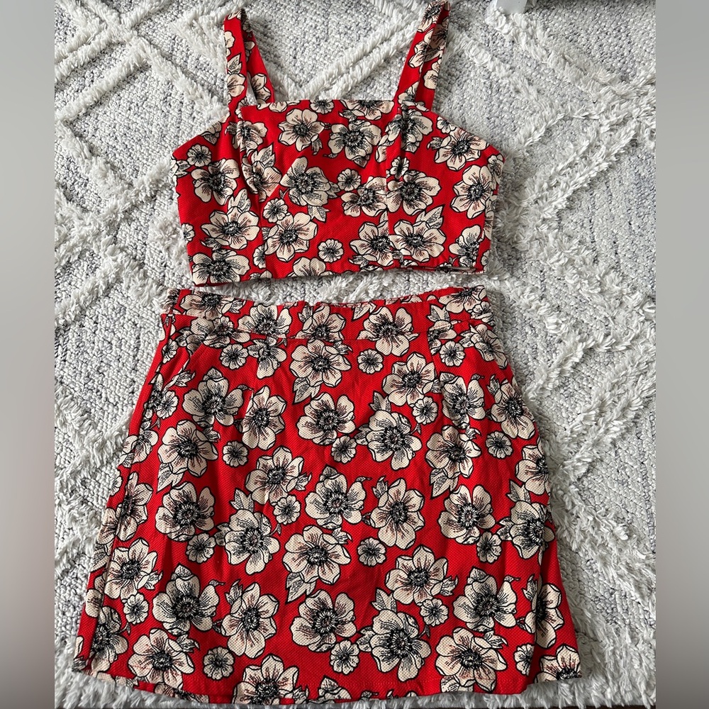 Forever 21 Floral Red Two-Piece Crop Top & Skirt Set